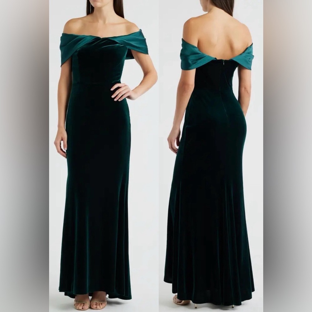 NEW ELIZA J Off the Shoulder Satin & Velvet Hunter Green Mermaid Gown Sz 4